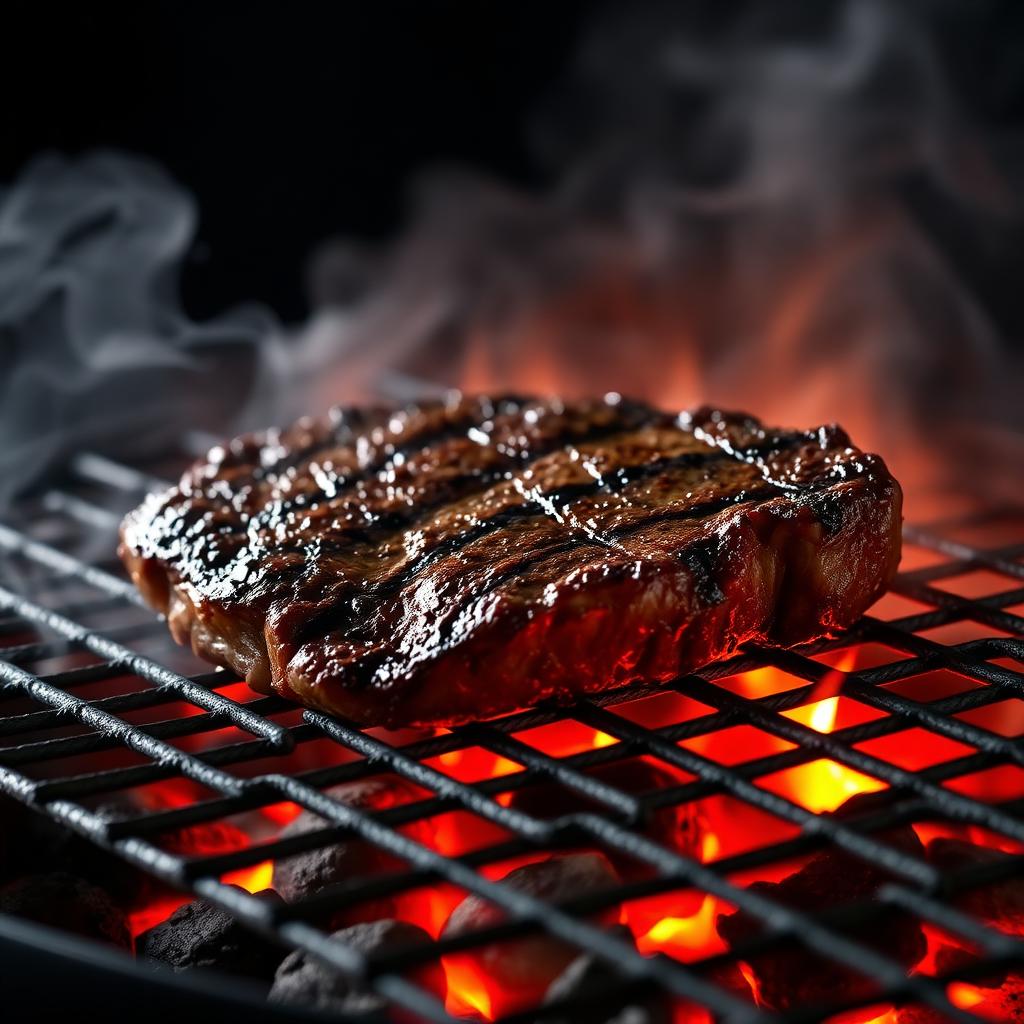 Steak sizzling over hot coals